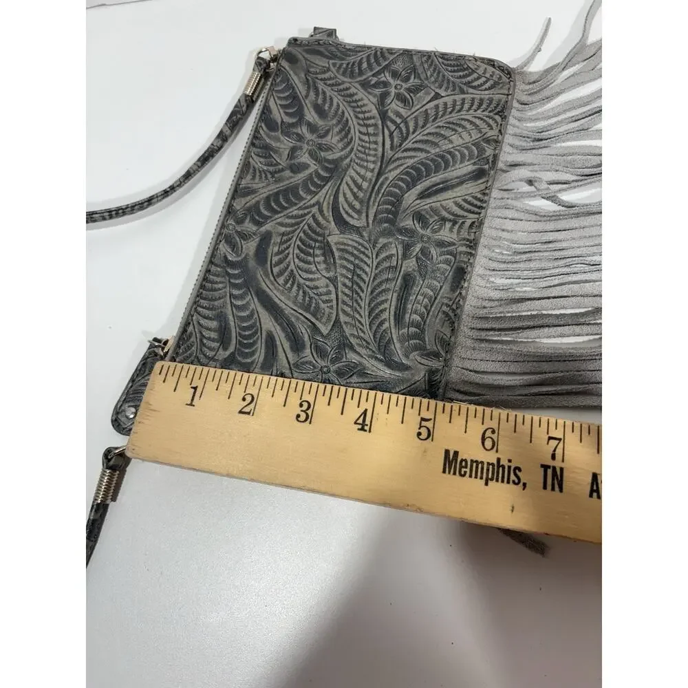 Free People Fringe‎ Boho Western CrossBody Embossed Leather Purse Bag Gray/black